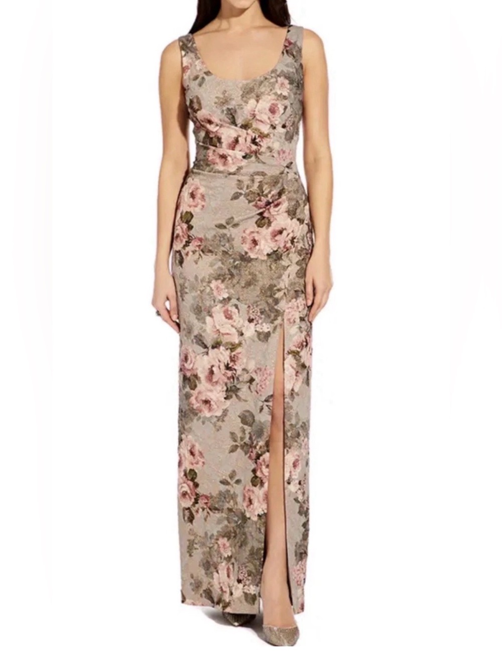 Adrianna Papell Women's Floral Print Metallic Sheath Brocade Gown Size 6 Formal